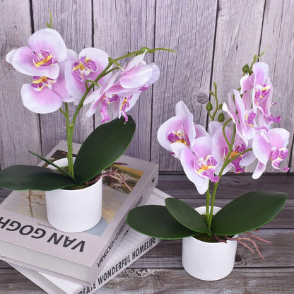 Artificial Orchid Flowers, 2 Pieces Potted Orchid Flowers with Plastic Vase for Table Centerpiece Home Decor Office Wedding Party Decoration