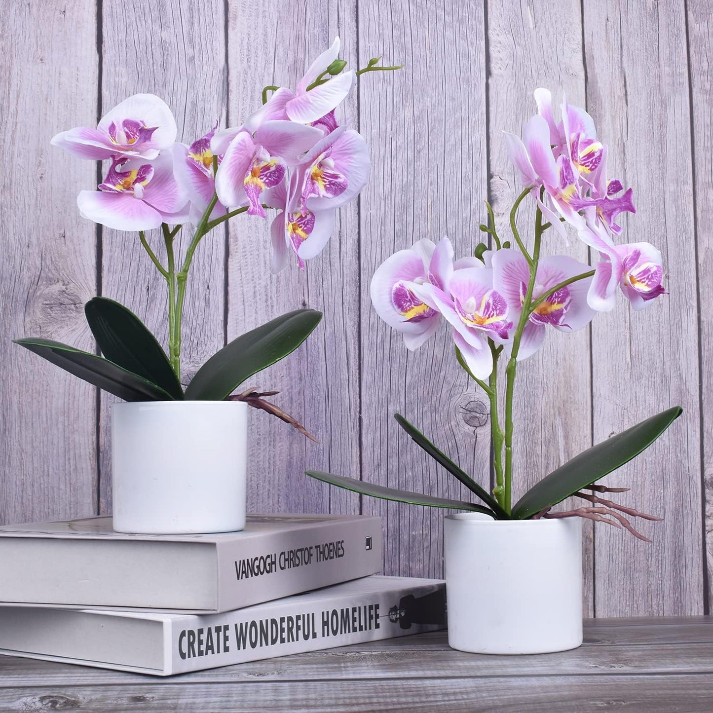 Artificial Orchid Flowers, 2 Pieces Potted Orchid Flowers with Plastic Vase for Table Centerpiece Home Decor Office Wedding Party Decoration