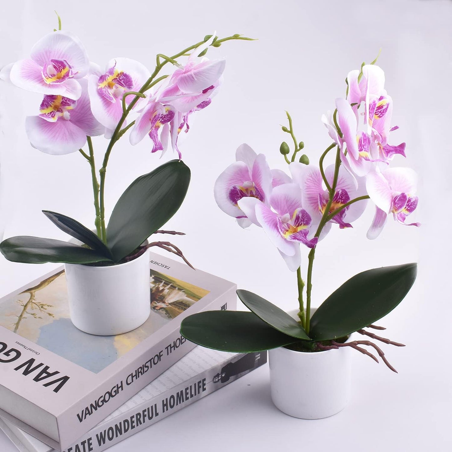 Artificial Orchid Flowers, 2 Pieces Potted Orchid Flowers with Plastic Vase for Table Centerpiece Home Decor Office Wedding Party Decoration