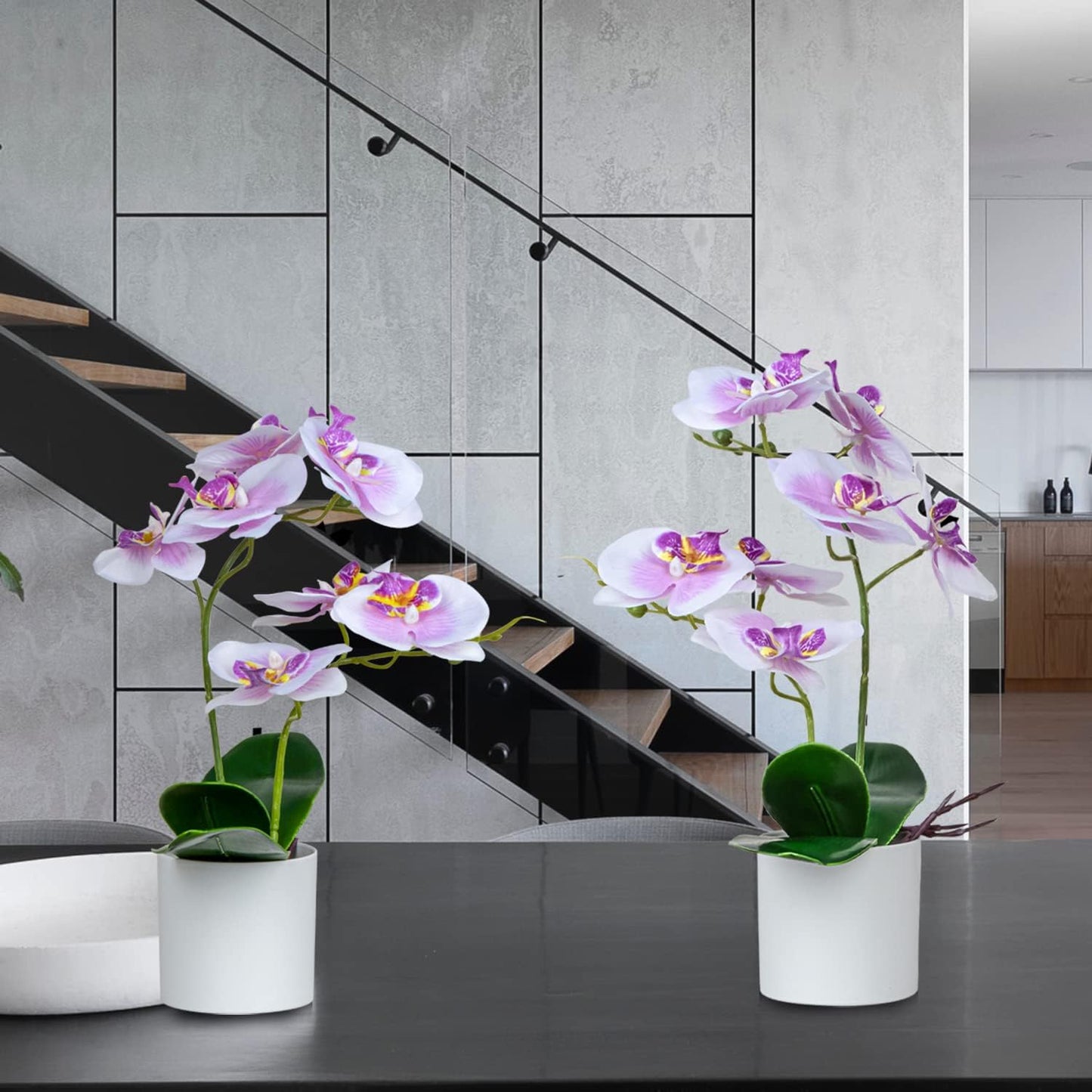 Artificial Orchid Flowers, 2 Pieces Potted Orchid Flowers with Plastic Vase for Table Centerpiece Home Decor Office Wedding Party Decoration
