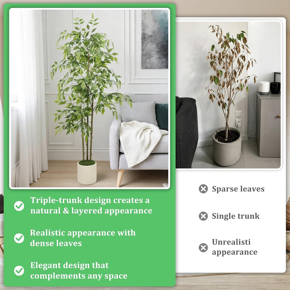 5ft Artificial Ficus Tree with Triple Trunk & White Planter Faux Ficus Tree