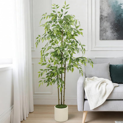 5ft Artificial Ficus Tree with Triple Trunk & White Planter Faux Ficus Tree