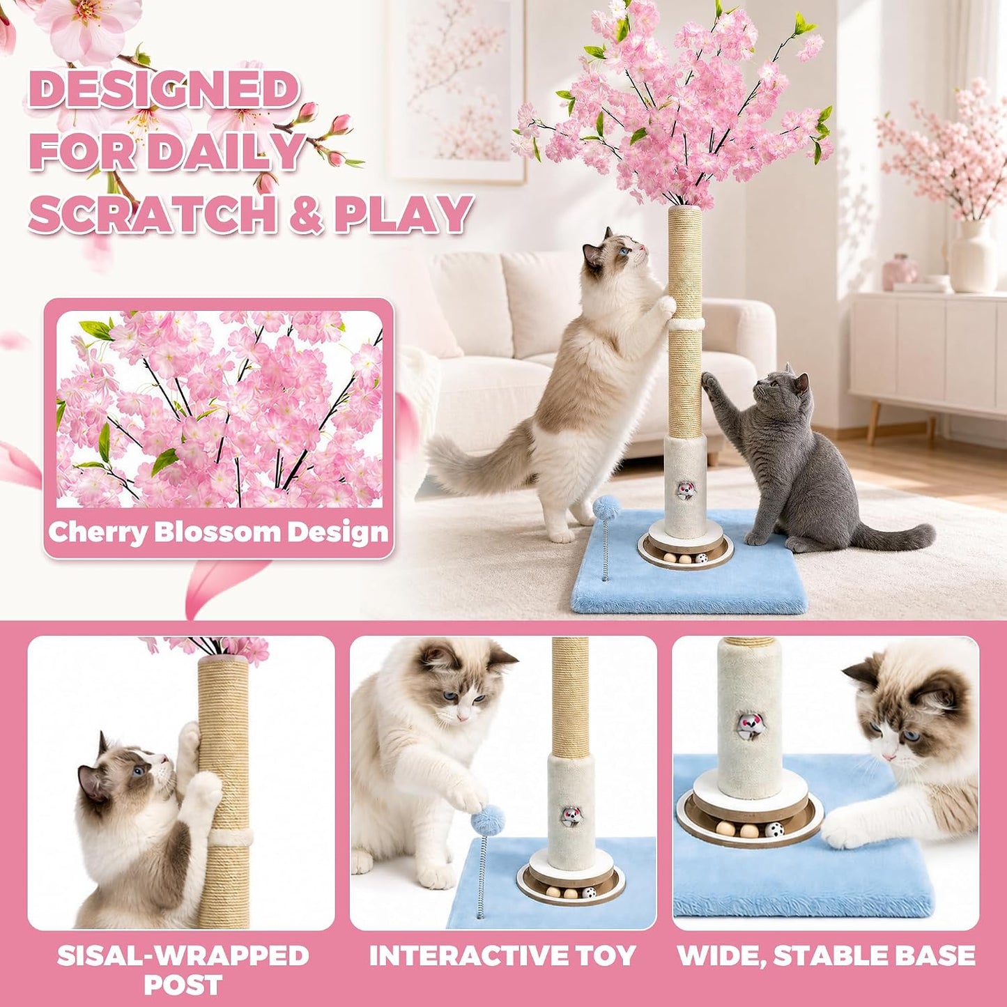 Scratching Post 35'', Pink Flower, Interactive Cat Toys for Indoor Kittens Adults Cats