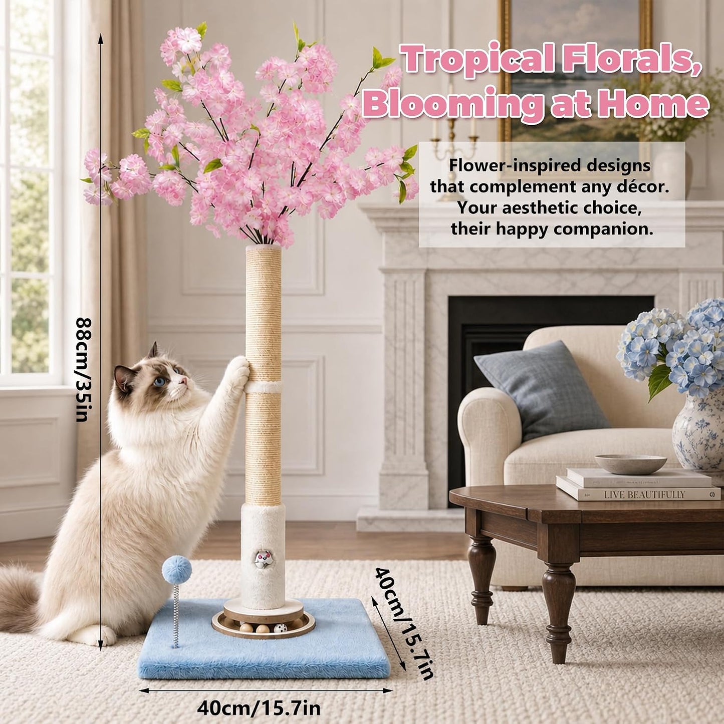 Scratching Post 35'', Pink Flower, Interactive Cat Toys for Indoor Kittens Adults Cats