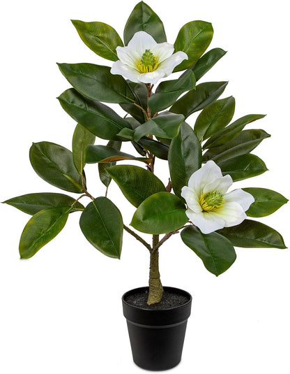 Artificial Magnolia Tree in Black Pot – 26.3in Tall Faux Magnolia Greenery Plant Fake Potted Silk Tree for Home Office Room Kitchen Outdoor Porch Décor