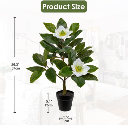 Artificial Magnolia Tree in Black Pot – 26.3in Tall Faux Magnolia Greenery Plant Fake Potted Silk Tree for Home Office Room Kitchen Outdoor Porch Décor