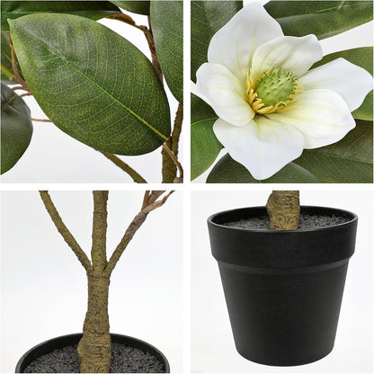 Artificial Magnolia Tree in Black Pot – 26.3in Tall Faux Magnolia Greenery Plant Fake Potted Silk Tree for Home Office Room Kitchen Outdoor Porch Décor