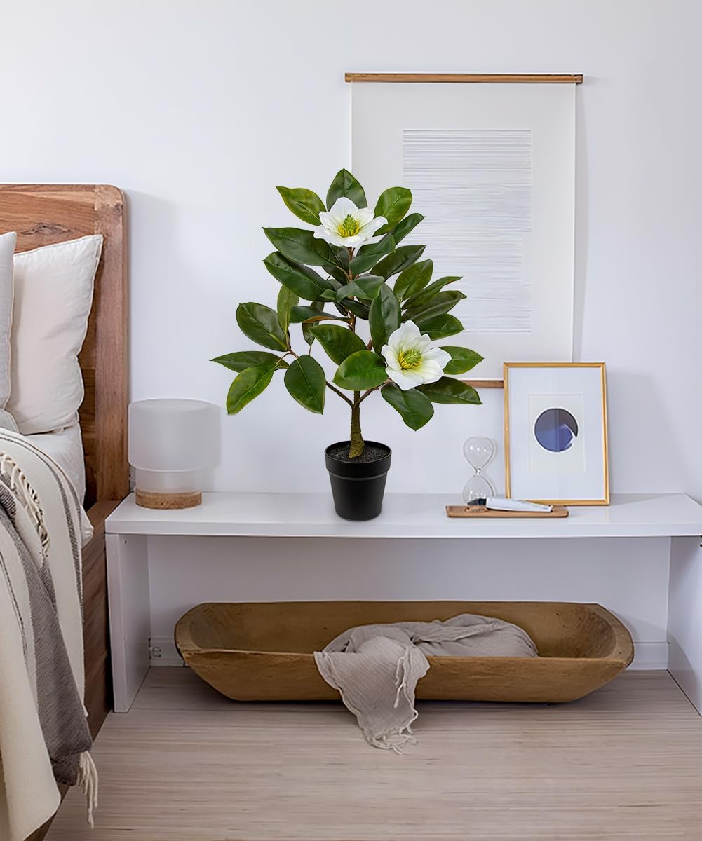 Artificial Magnolia Tree in Black Pot – 26.3in Tall Faux Magnolia Greenery Plant Fake Potted Silk Tree for Home Office Room Kitchen Outdoor Porch Décor