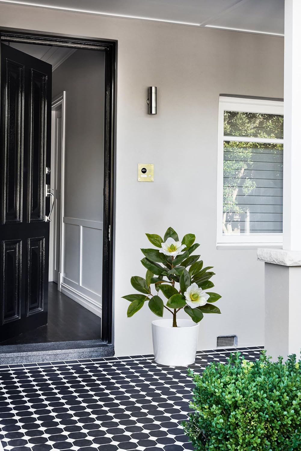 Artificial Magnolia Tree in Black Pot – 26.3in Tall Faux Magnolia Greenery Plant Fake Potted Silk Tree for Home Office Room Kitchen Outdoor Porch Décor