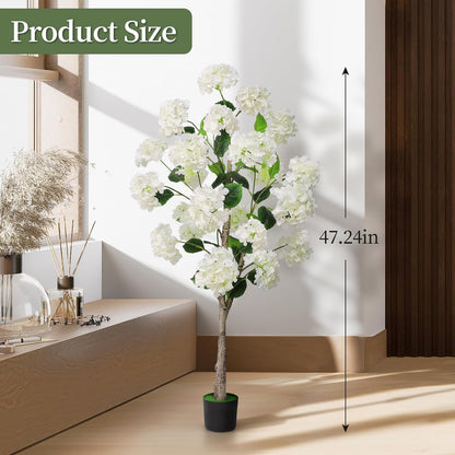 White Hydrangea Flower Artificial Trees 4FT, Fake Silk Floral Plants Indoor Outdoor, Lifelike Decorative Faux Hydrangea Flower Tree in Pot for Home Garden Office Front Decor
