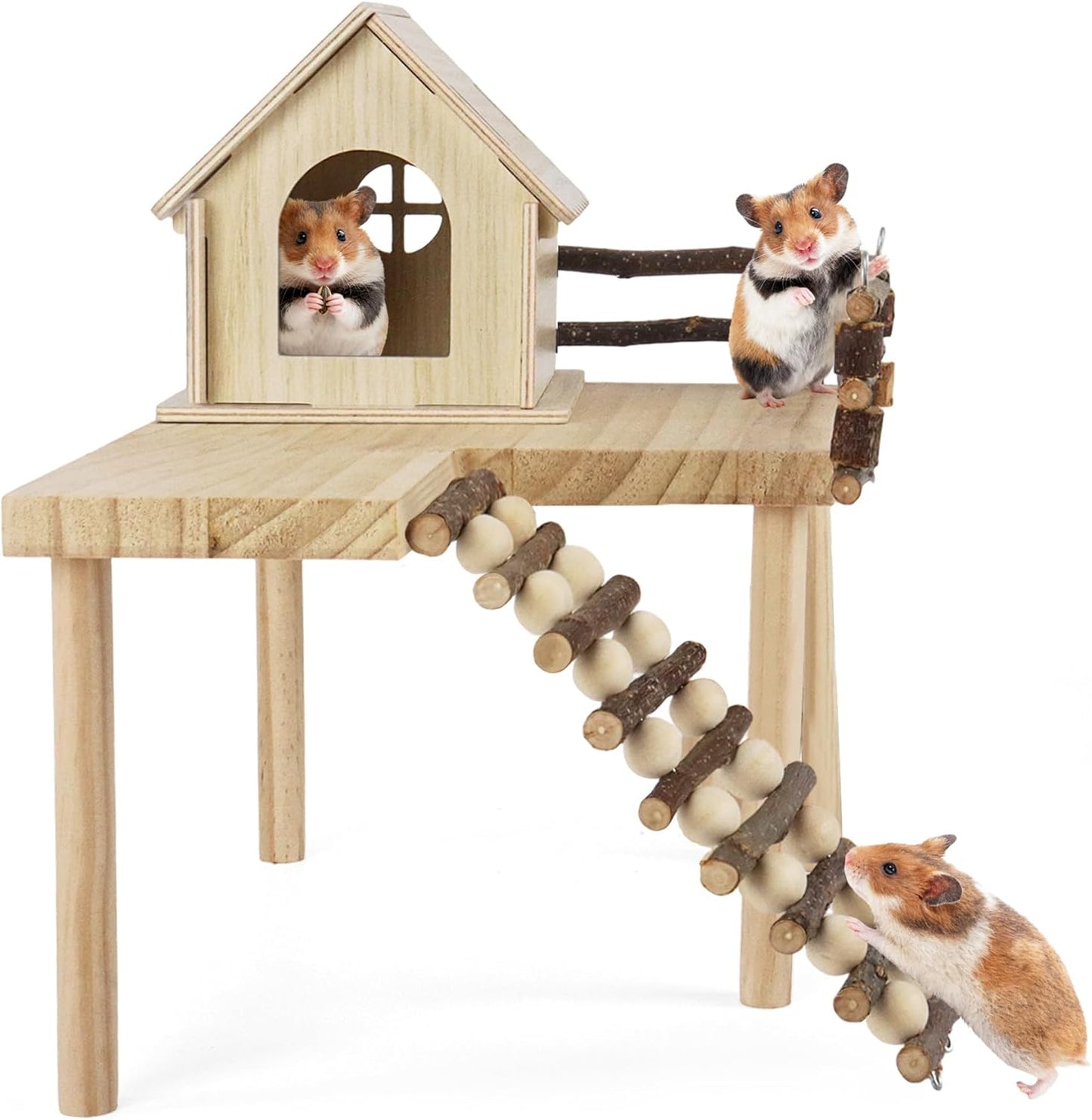 Wooden Hamster House and Platform, Hamsters Platform with Ladder, Hamster Cage Accessories, Cute Small Pets Toy for Hiding Sleeping Activities Habitat Decor