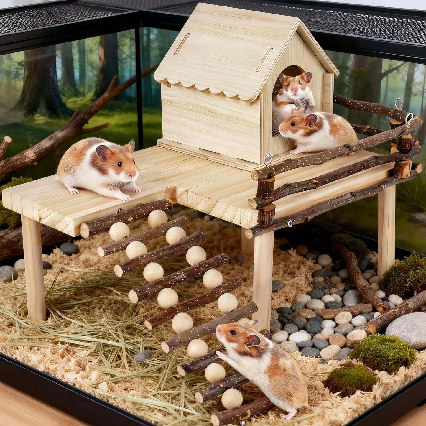 Wooden Hamster House and Platform, Hamsters Platform with Ladder, Hamster Cage Accessories, Cute Small Pets Toy for Hiding Sleeping Activities Habitat Decor