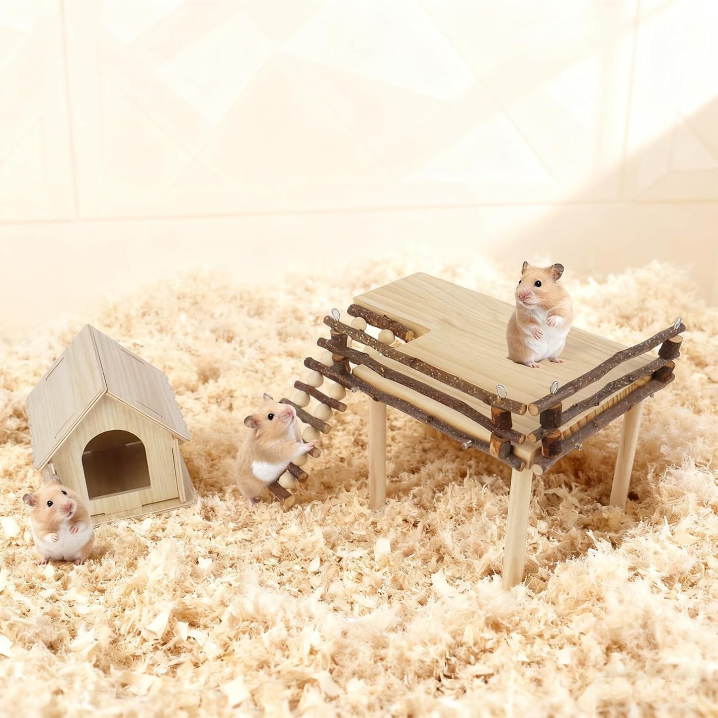 Wooden Hamster House and Platform, Hamsters Platform with Ladder, Hamster Cage Accessories, Cute Small Pets Toy for Hiding Sleeping Activities Habitat Decor