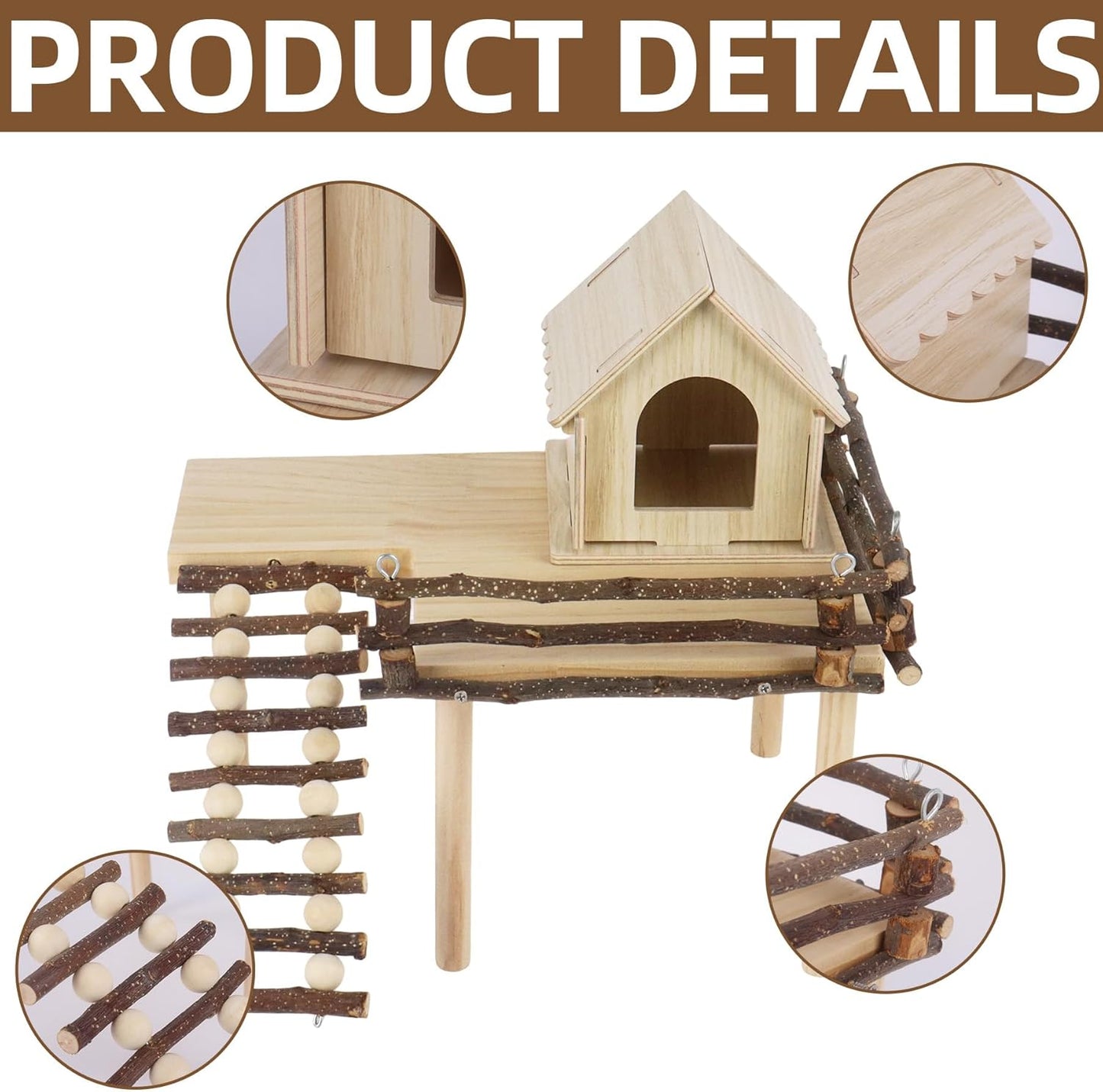 Wooden Hamster House and Platform, Hamsters Platform with Ladder, Hamster Cage Accessories, Cute Small Pets Toy for Hiding Sleeping Activities Habitat Decor