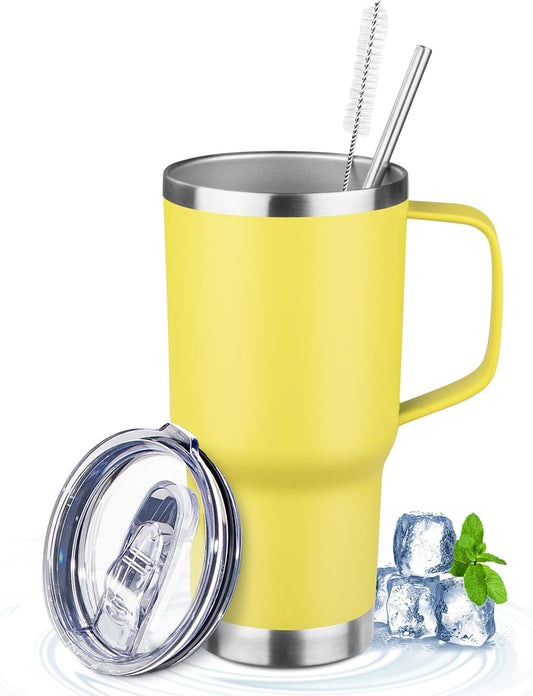 20oz Insulated Tumbler with Handle Stainless Steel Travel Coffee Mug with Lid and Straw Double Wall Vacuum Leak-proof Reusable Thermal Water Cup for Hot and Cold Drinks (Yellow)
