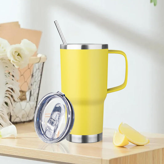 20oz Insulated Tumbler with Handle Stainless Steel Travel Coffee Mug with Lid and Straw Double Wall Vacuum Leak-proof Reusable Thermal Water Cup for Hot and Cold Drinks (Yellow)