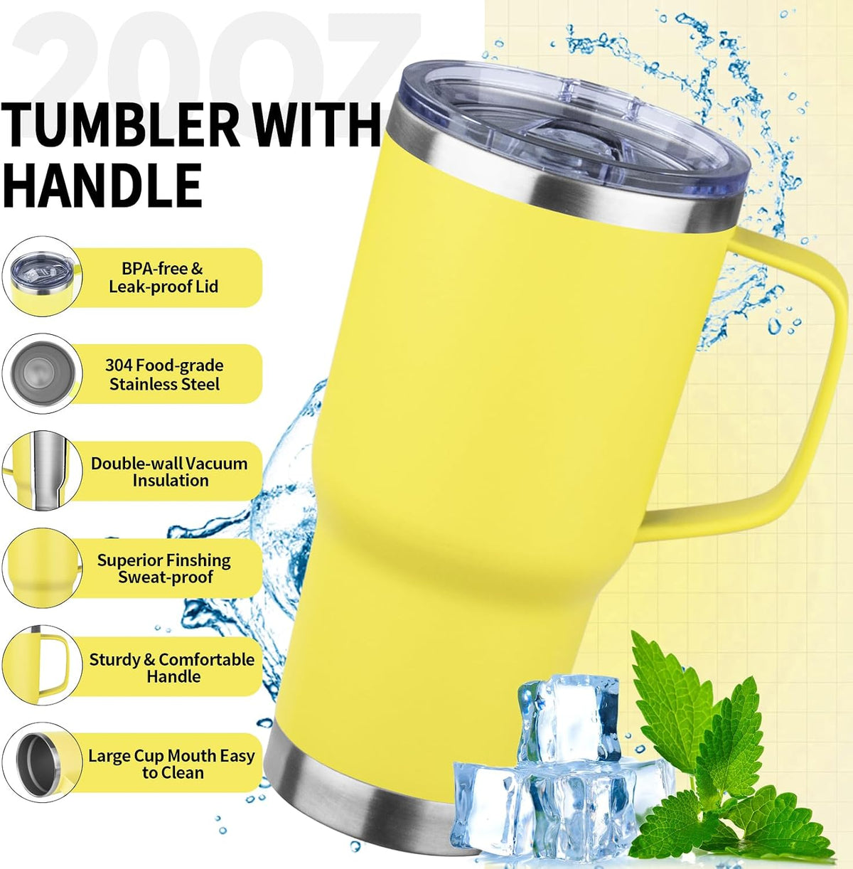20oz Insulated Tumbler with Handle Stainless Steel Travel Coffee Mug with Lid and Straw Double Wall Vacuum Leak-proof Reusable Thermal Water Cup for Hot and Cold Drinks (Yellow)