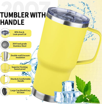 20oz Insulated Tumbler with Handle Stainless Steel Travel Coffee Mug with Lid and Straw Double Wall Vacuum Leak-proof Reusable Thermal Water Cup for Hot and Cold Drinks (Yellow)