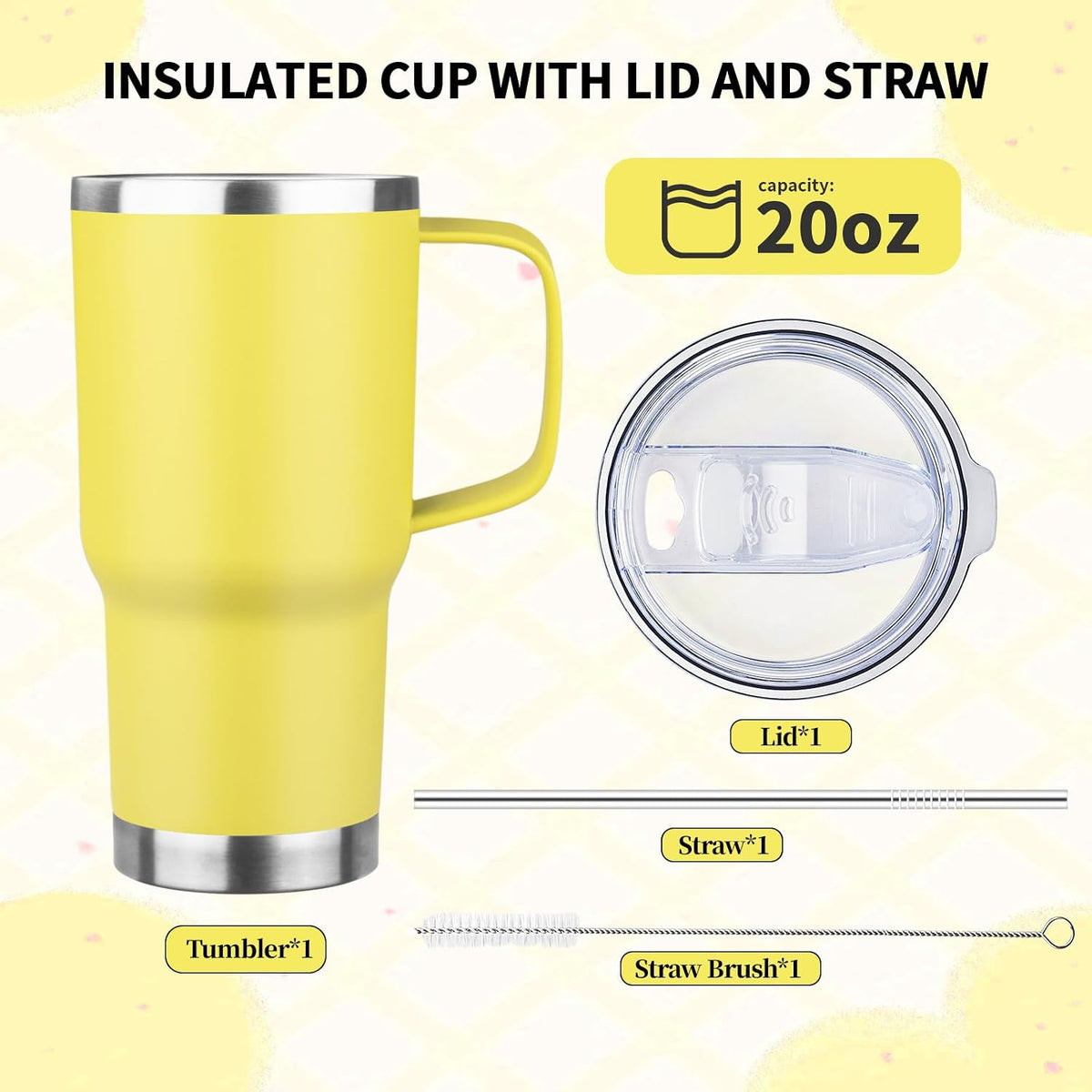 20oz Insulated Tumbler with Handle Stainless Steel Travel Coffee Mug with Lid and Straw Double Wall Vacuum Leak-proof Reusable Thermal Water Cup for Hot and Cold Drinks (Yellow)