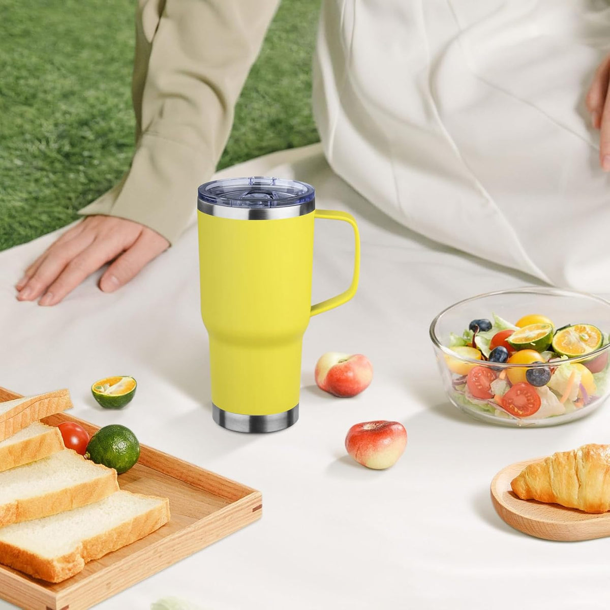 20oz Insulated Tumbler with Handle Stainless Steel Travel Coffee Mug with Lid and Straw Double Wall Vacuum Leak-proof Reusable Thermal Water Cup for Hot and Cold Drinks (Yellow)