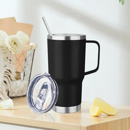 20oz Insulated Tumbler with Handle Stainless Steel Travel Coffee Mug with Lid and Straw Double Wall Vacuum Leak-proof Reusable Thermal Water Cup for Hot and Cold Drinks (Yellow)