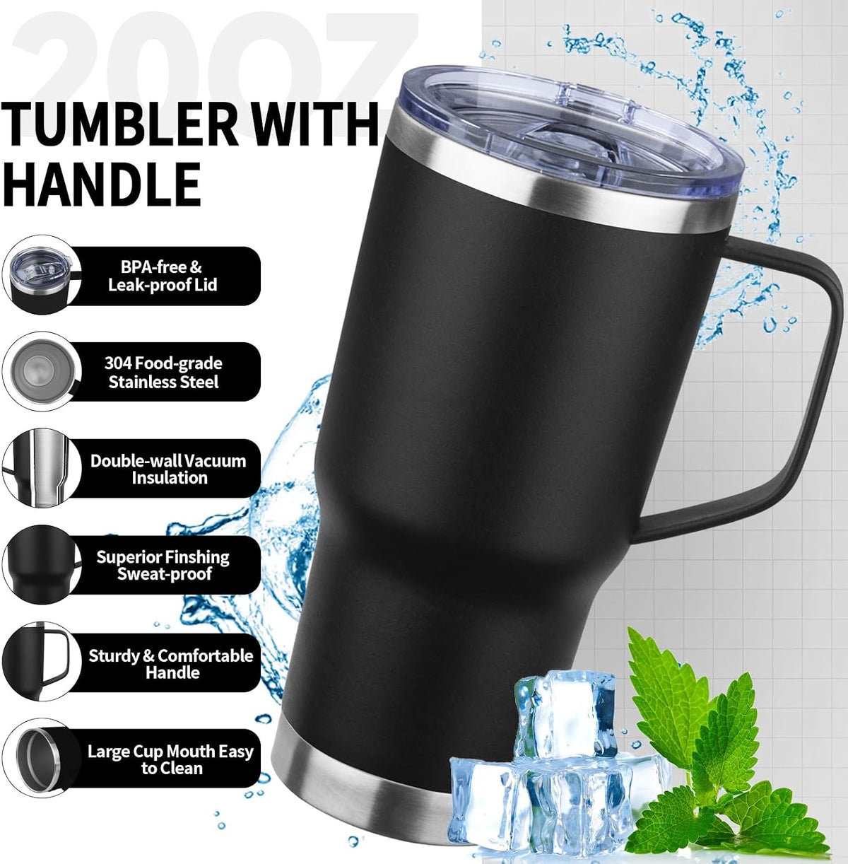 20oz Insulated Tumbler with Handle Stainless Steel Travel Coffee Mug with Lid and Straw Double Wall Vacuum Leak-proof Reusable Thermal Water Cup for Hot and Cold Drinks (Yellow)