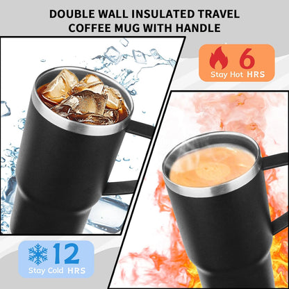 20oz Insulated Tumbler with Handle Stainless Steel Travel Coffee Mug with Lid and Straw Double Wall Vacuum Leak-proof Reusable Thermal Water Cup for Hot and Cold Drinks (Yellow)