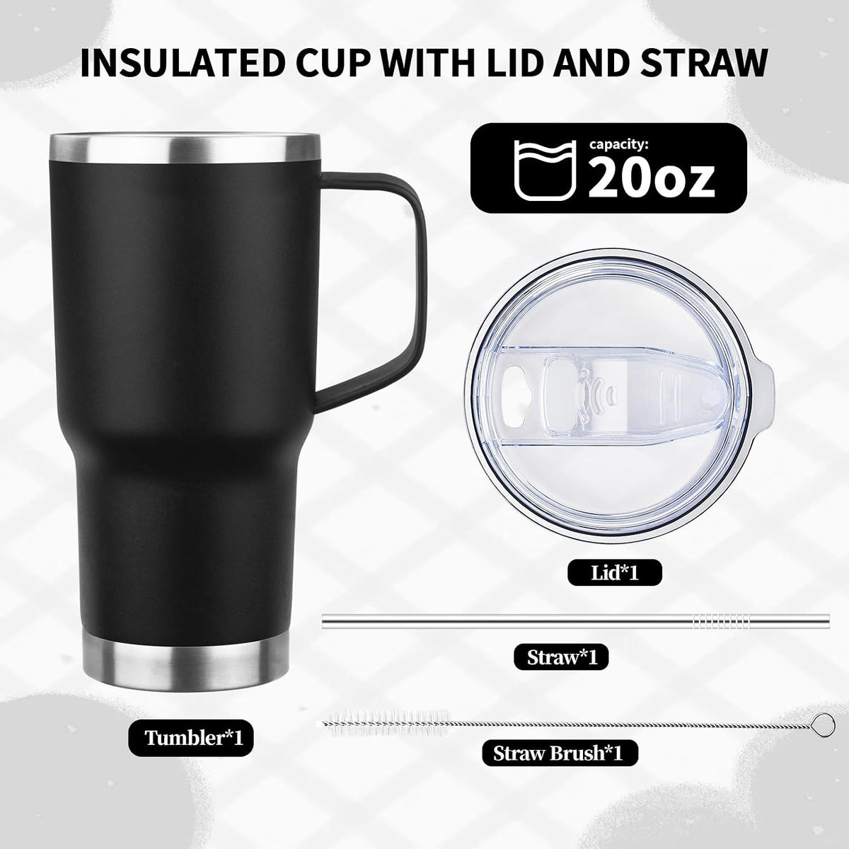 20oz Insulated Tumbler with Handle Stainless Steel Travel Coffee Mug with Lid and Straw Double Wall Vacuum Leak-proof Reusable Thermal Water Cup for Hot and Cold Drinks (Yellow)