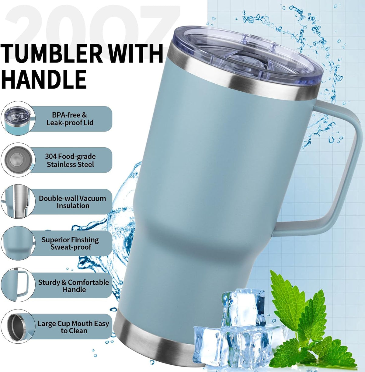 20oz Insulated Tumbler with Handle Stainless Steel Travel Coffee Mug with Lid and Straw Double Wall Vacuum Leak-proof Reusable Thermal Water Cup for Hot and Cold Drinks (Yellow)