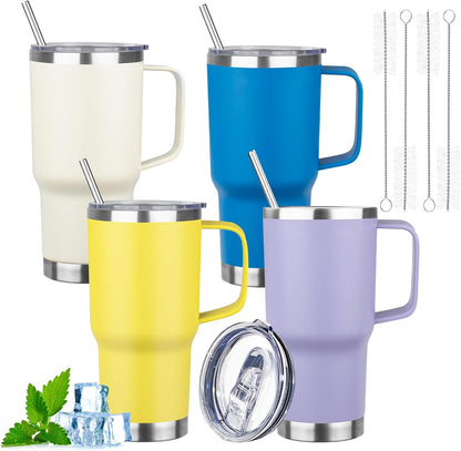 20oz Insulated Tumbler with Handle Stainless Steel Travel Coffee Mug with Lid and Straw Double Wall Vacuum Leak-proof Reusable Thermal Water Cup for Hot and Cold Drinks (Yellow)