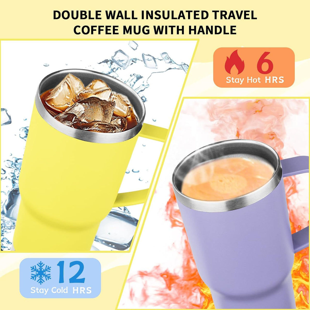 20oz Insulated Tumbler with Handle Stainless Steel Travel Coffee Mug with Lid and Straw Double Wall Vacuum Leak-proof Reusable Thermal Water Cup for Hot and Cold Drinks (Yellow)