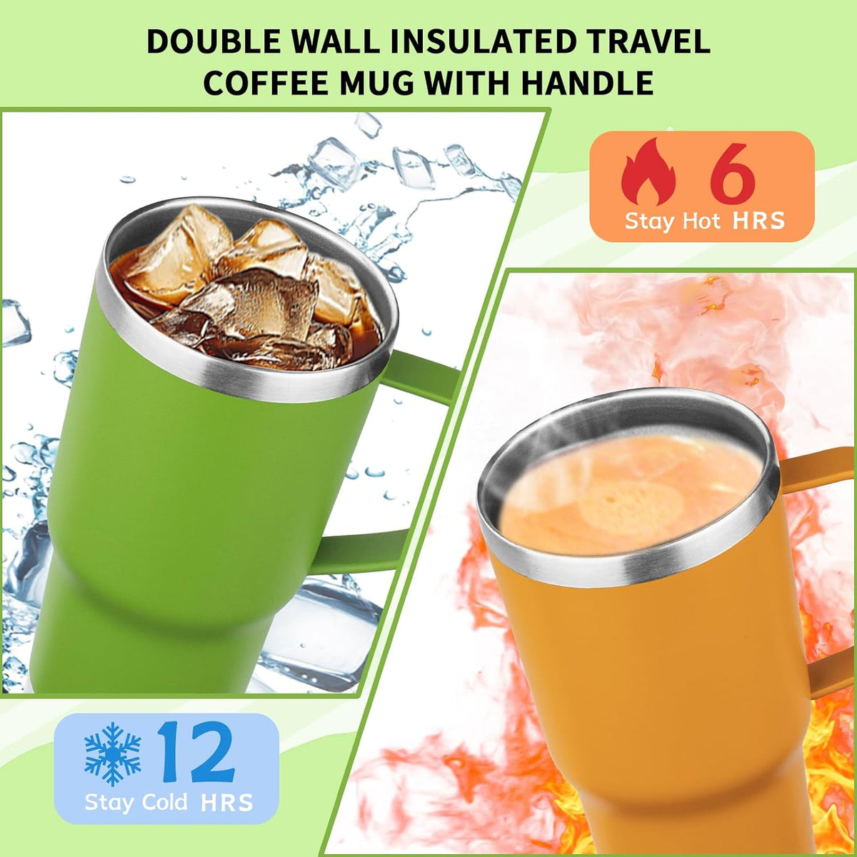 20oz Insulated Tumbler with Handle Stainless Steel Travel Coffee Mug with Lid and Straw Double Wall Vacuum Leak-proof Reusable Thermal Water Cup for Hot and Cold Drinks (Yellow)