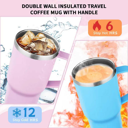 20oz Insulated Tumbler with Handle Stainless Steel Travel Coffee Mug with Lid and Straw Double Wall Vacuum Leak-proof Reusable Thermal Water Cup for Hot and Cold Drinks (Yellow)