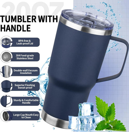 20oz Insulated Tumbler with Handle Stainless Steel Travel Coffee Mug with Lid and Straw Double Wall Vacuum Leak-proof Reusable Thermal Water Cup for Hot and Cold Drinks (Yellow)