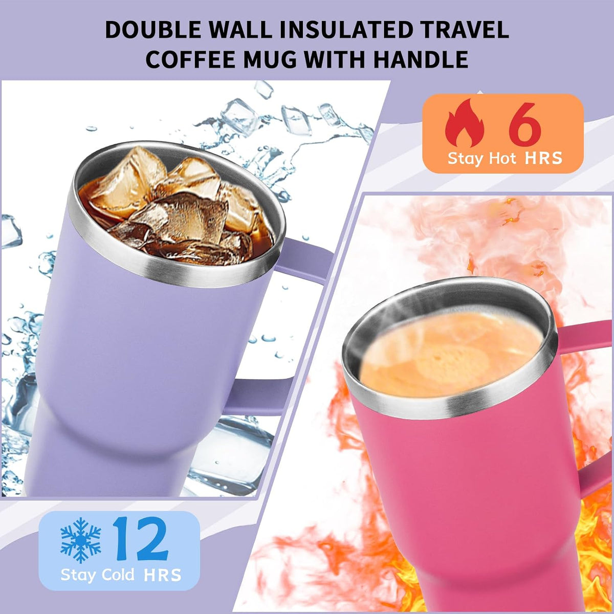 20oz Insulated Tumbler with Handle Stainless Steel Travel Coffee Mug with Lid and Straw Double Wall Vacuum Leak-proof Reusable Thermal Water Cup for Hot and Cold Drinks (Yellow)