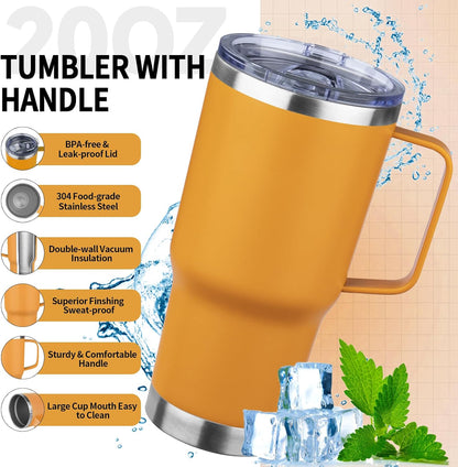 20oz Insulated Tumbler with Handle Stainless Steel Travel Coffee Mug with Lid and Straw Double Wall Vacuum Leak-proof Reusable Thermal Water Cup for Hot and Cold Drinks (Yellow)