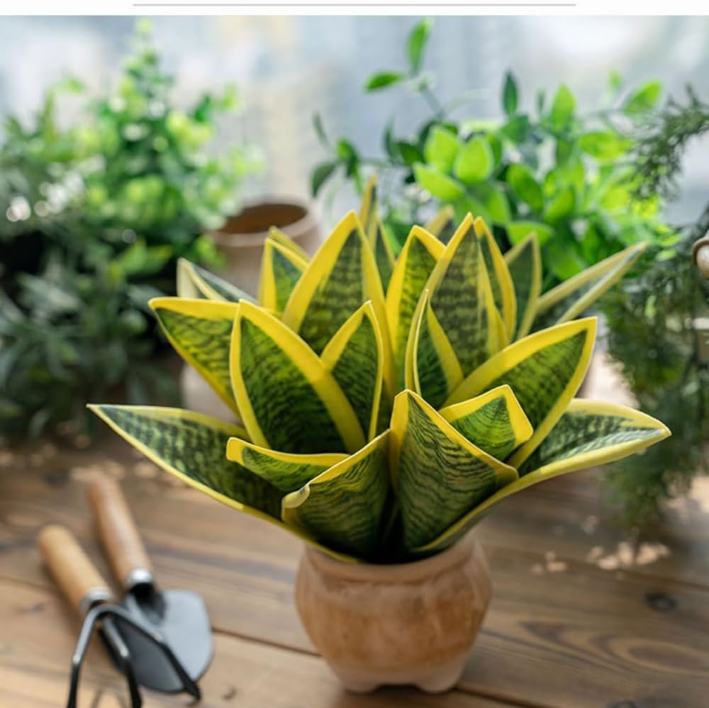 4 Pcs Artificial Snake Plants,Faux Snake Plant 7.48" Tropical Fake Plants Mini Tongue Plant for Home, Office & Garden Décor,Without Vase (Greenish-Yellow)