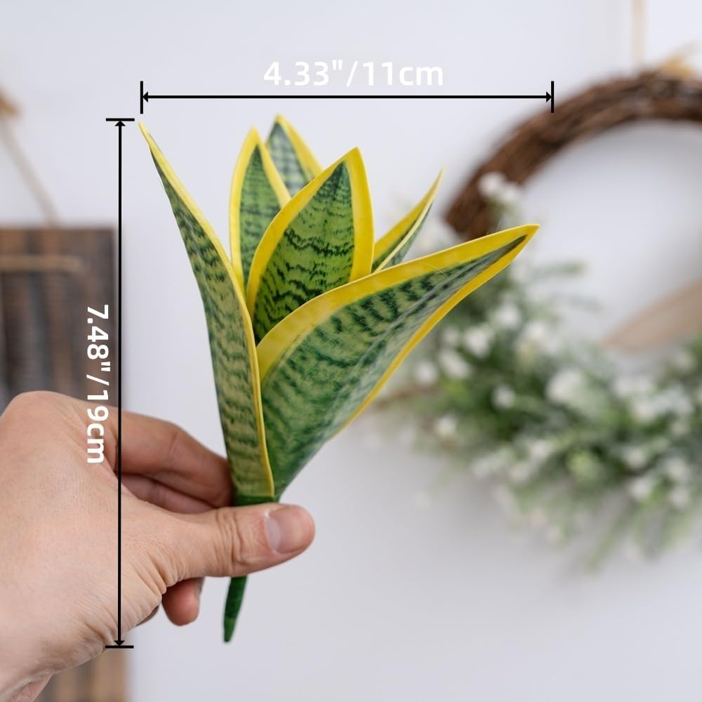 4 Pcs Artificial Snake Plants,Faux Snake Plant 7.48" Tropical Fake Plants Mini Tongue Plant for Home, Office & Garden Décor,Without Vase (Greenish-Yellow)