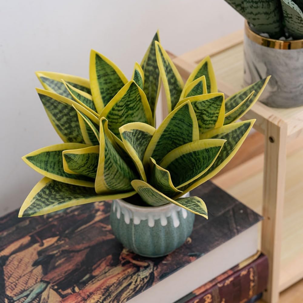 4 Pcs Artificial Snake Plants,Faux Snake Plant 7.48" Tropical Fake Plants Mini Tongue Plant for Home, Office & Garden Décor,Without Vase (Greenish-Yellow)