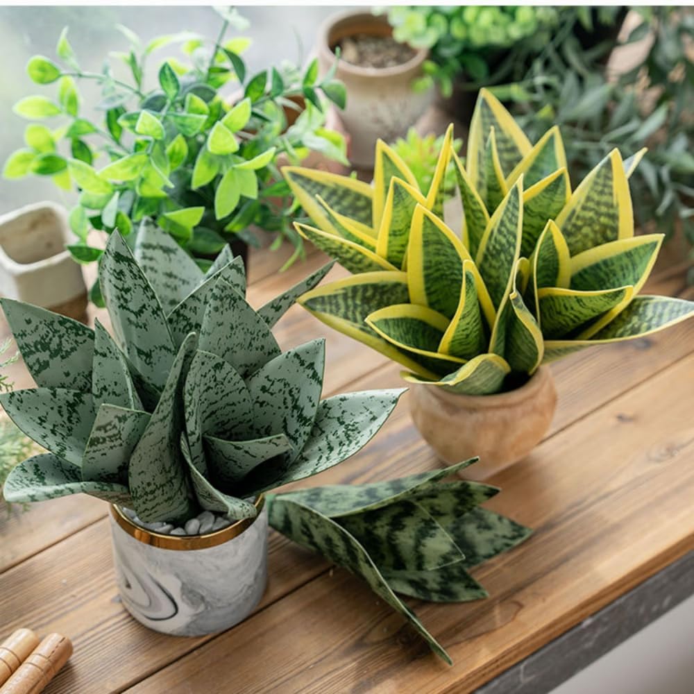 4 Pcs Artificial Snake Plants,Faux Snake Plant 7.48" Tropical Fake Plants Mini Tongue Plant for Home, Office & Garden Décor,Without Vase (Greenish-Yellow)