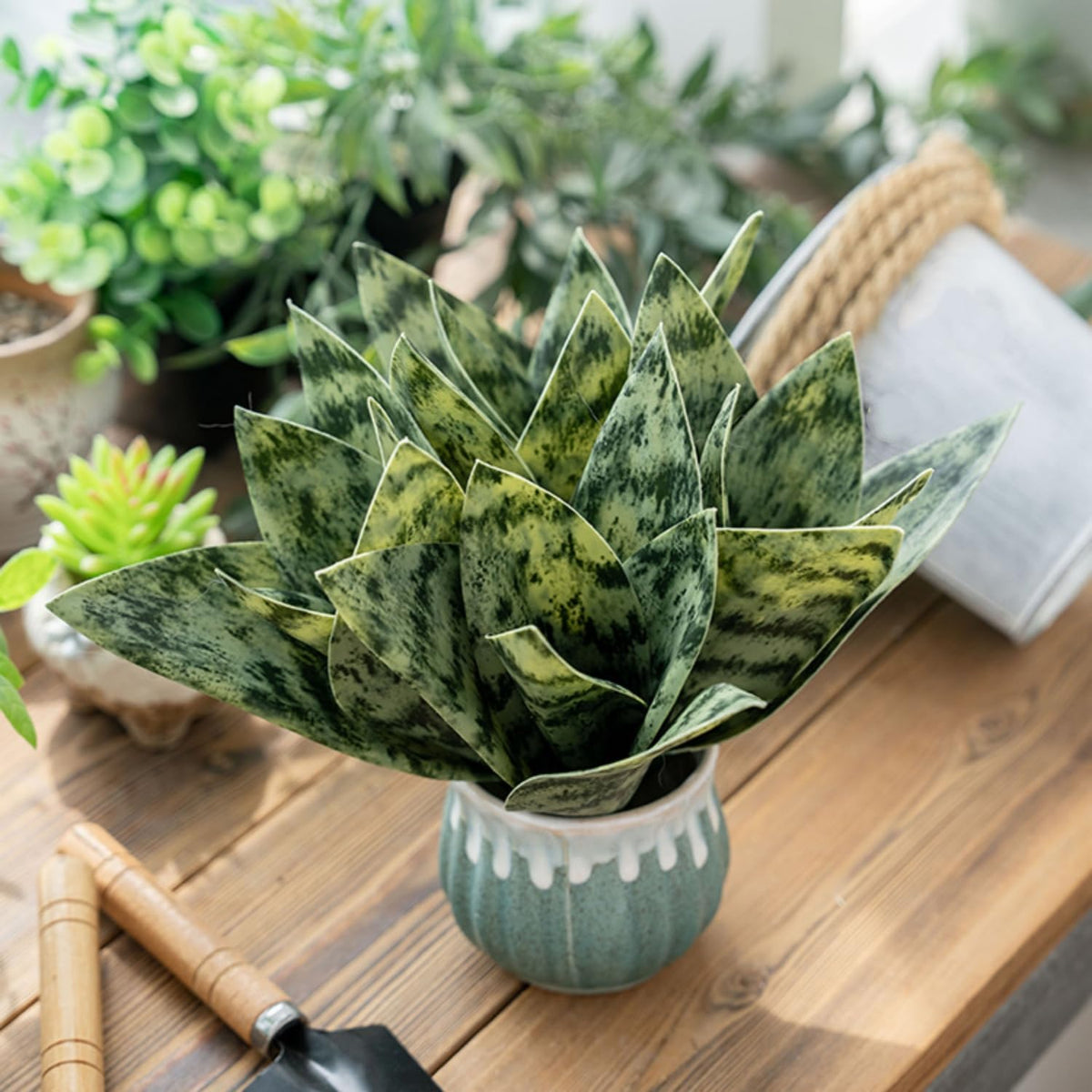 4 Pcs Artificial Snake Plants,Faux Snake Plant 7.48" Tropical Fake Plants Mini Tongue Plant for Home, Office & Garden Décor,Without Vase (Greenish-Yellow)
