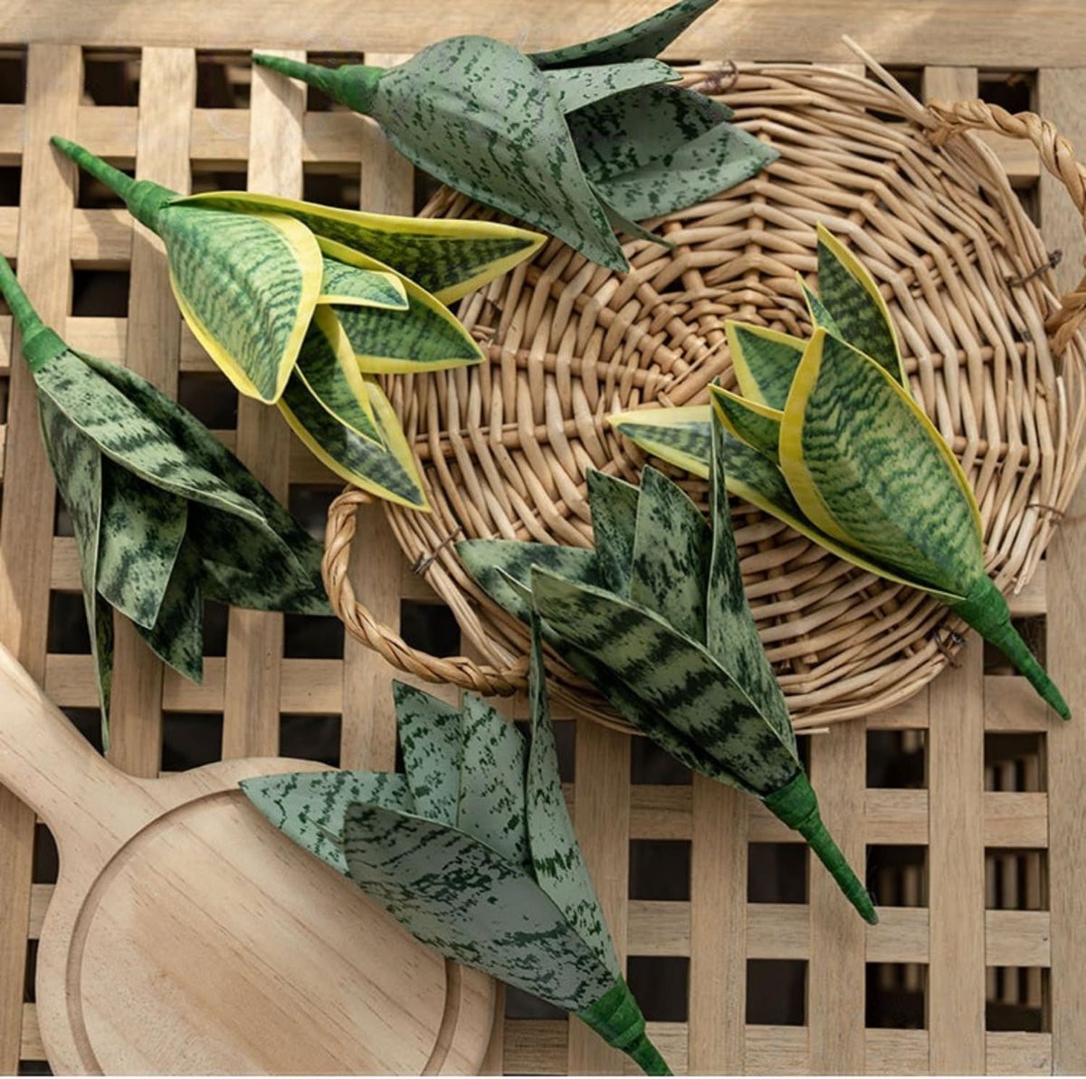 4 Pcs Artificial Snake Plants,Faux Snake Plant 7.48" Tropical Fake Plants Mini Tongue Plant for Home, Office & Garden Décor,Without Vase (Greenish-Yellow)