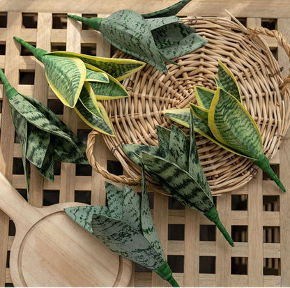 4 Pcs Artificial Snake Plants,Faux Snake Plant 7.48" Tropical Fake Plants Mini Tongue Plant for Home, Office & Garden Décor,Without Vase (Greenish-Yellow)