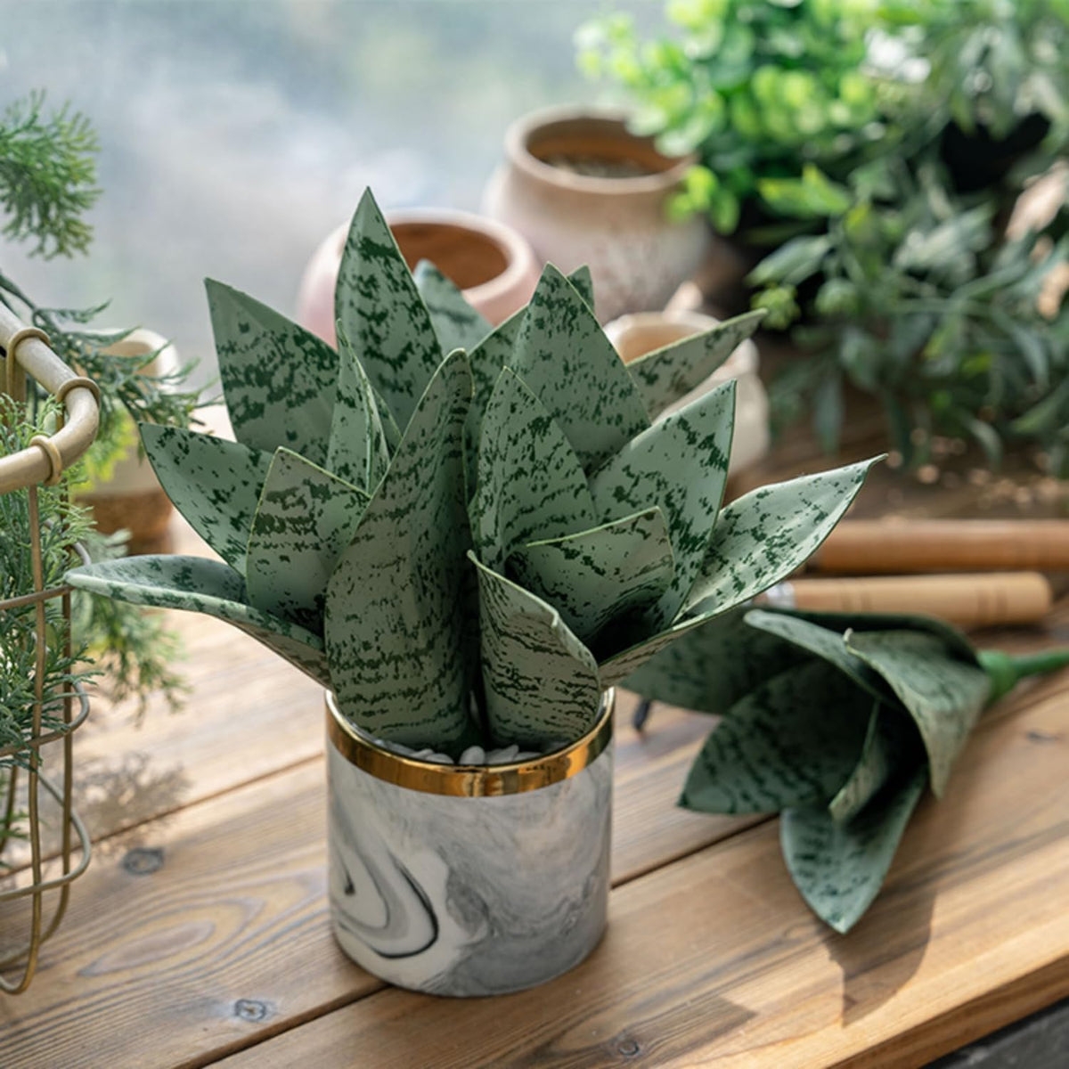 4 Pcs Artificial Snake Plants,Faux Snake Plant 7.48" Tropical Fake Plants Mini Tongue Plant for Home, Office & Garden Décor,Without Vase (Greenish-Yellow)