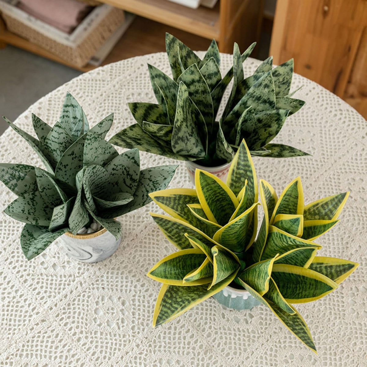 4 Pcs Artificial Snake Plants,Faux Snake Plant 7.48" Tropical Fake Plants Mini Tongue Plant for Home, Office & Garden Décor,Without Vase (Greenish-Yellow)