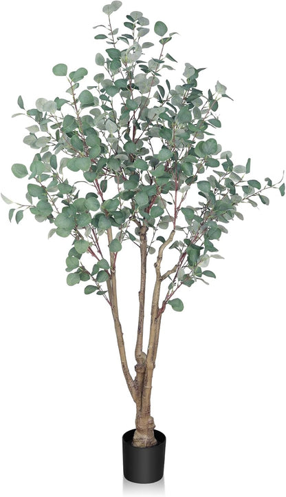 Artificial Eucalyptus Trees with White Planter, 8 FT Faux Eucalyptus Plants Indoor Tall Fake Floor Trees with Silk Leaves and Thick Trunk for Living Room Bedroom Corner Home Office Decoration