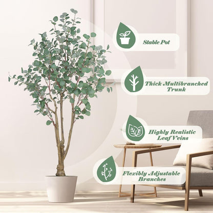 Artificial Eucalyptus Trees with White Planter, 8 FT Faux Eucalyptus Plants Indoor Tall Fake Floor Trees with Silk Leaves and Thick Trunk for Living Room Bedroom Corner Home Office Decoration