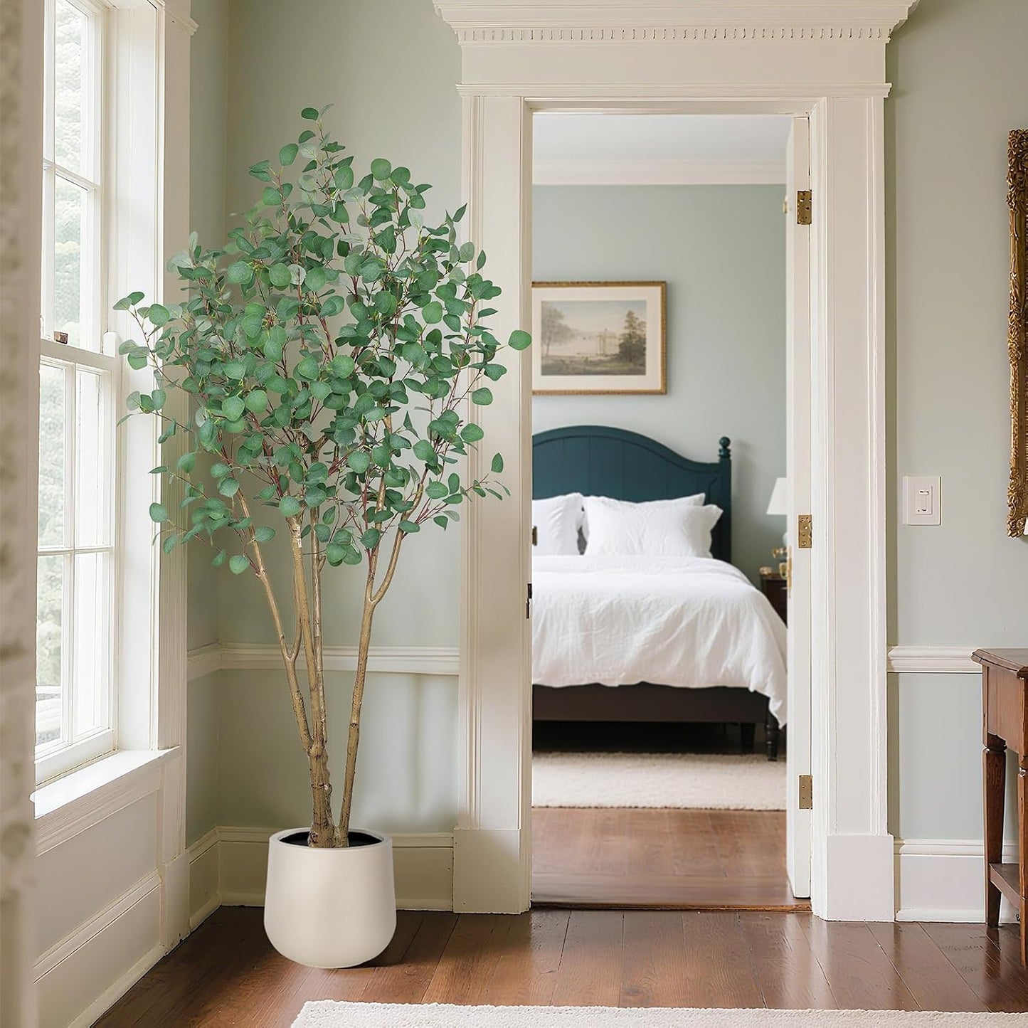 Artificial Eucalyptus Trees with White Planter, 8 FT Faux Eucalyptus Plants Indoor Tall Fake Floor Trees with Silk Leaves and Thick Trunk for Living Room Bedroom Corner Home Office Decoration