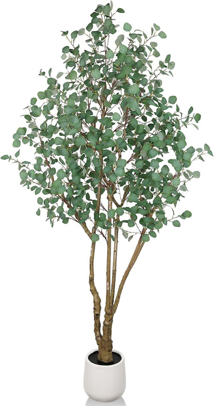 Artificial Eucalyptus Trees with White Planter, 8 FT Faux Eucalyptus Plants Indoor Tall Fake Floor Trees with Silk Leaves and Thick Trunk for Living Room Bedroom Corner Home Office Decoration