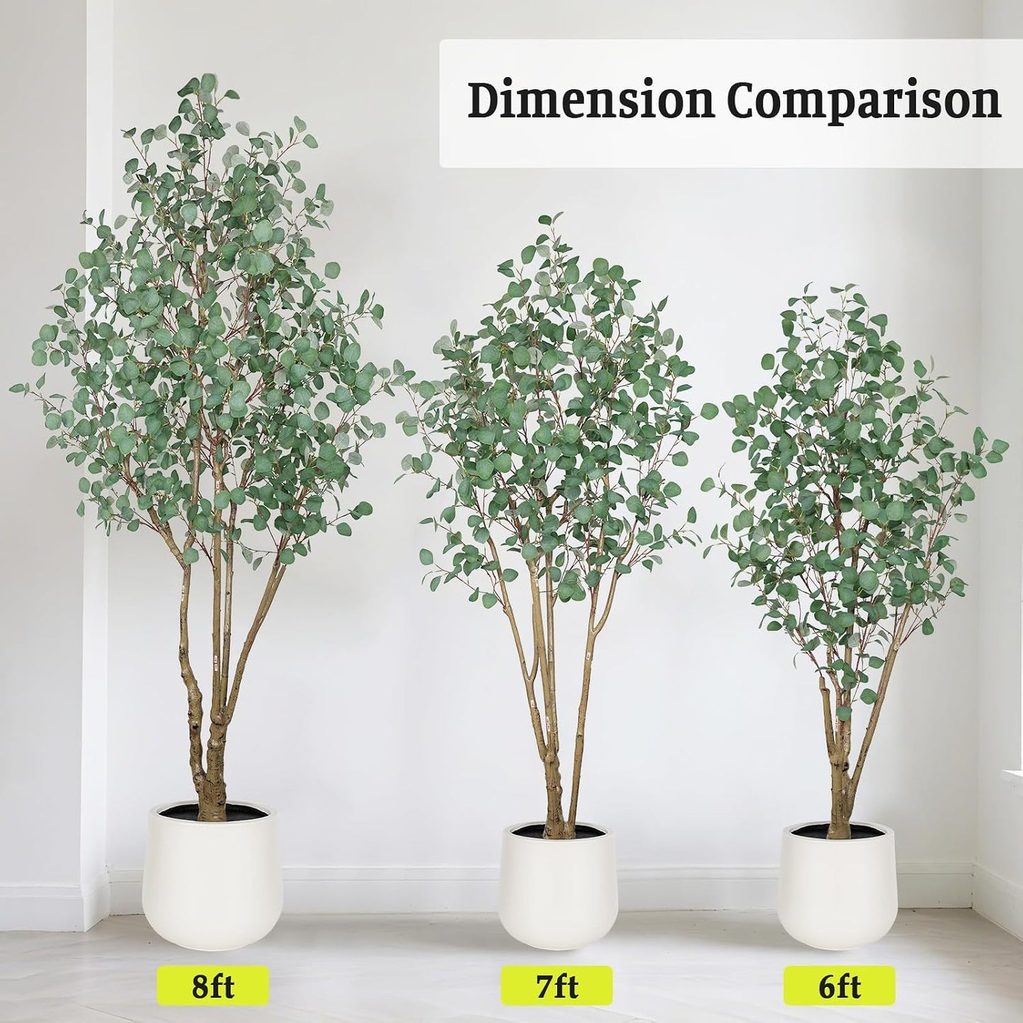 Artificial Eucalyptus Trees with White Planter, 8 FT Faux Eucalyptus Plants Indoor Tall Fake Floor Trees with Silk Leaves and Thick Trunk for Living Room Bedroom Corner Home Office Decoration